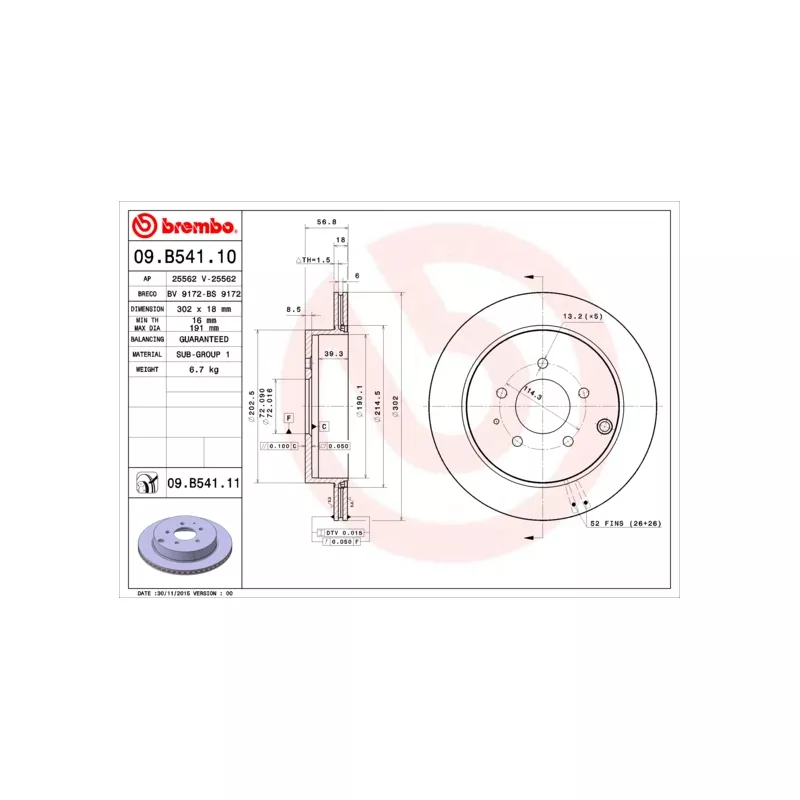 Jeu de 2 disques de frein arrière BREMBO 09.B541.11 - Visuel 1