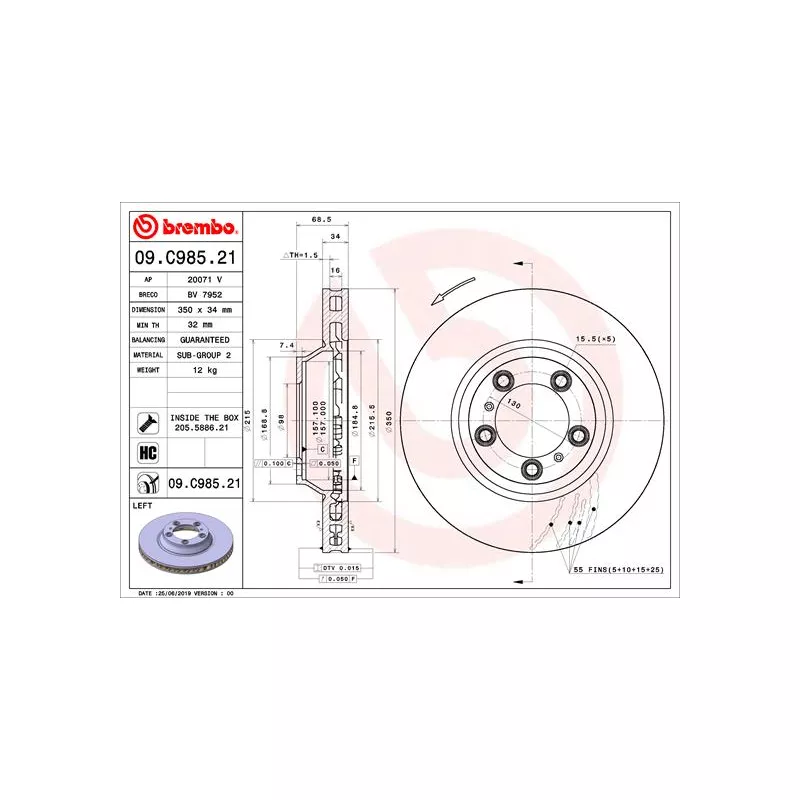 Disque de frein avant gauche BREMBO 09.C985.21 - Visuel 1