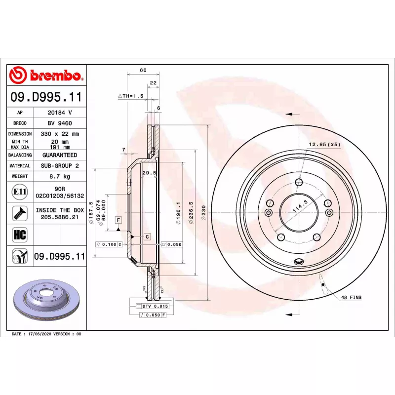 Jeu de 2 disques de frein arrière BREMBO 09.D995.11 - Visuel 1