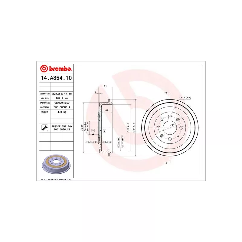 Tambour de frein BREMBO 14.A854.10 - Visuel 1