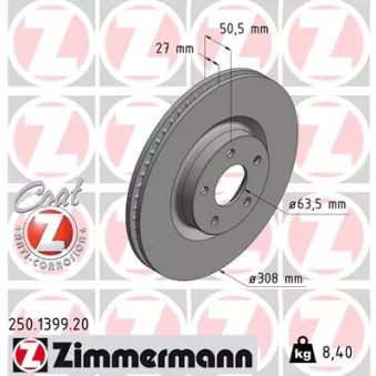 Jeu de 2 disques de frein arrière ZIMMERMANN 250.1399.20 pour FORD FOCUS 1.5 EcoBlue - 95cv
