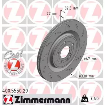 Jeu de 2 disques de frein arrière ZIMMERMANN 400.5550.20 pour MERCEDES-BENZ CLASSE A AMG A 45 S 4-matic+ - 421cv