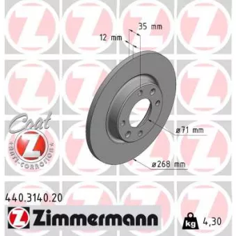 Jeu de 2 disques de frein arrière ZIMMERMANN 440.3140.20 pour CITROEN C4 1.5 BlueHDi 130 - 131cv