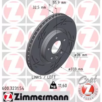 Disque de frein arrière gauche ZIMMERMANN OEM 7H0615301E