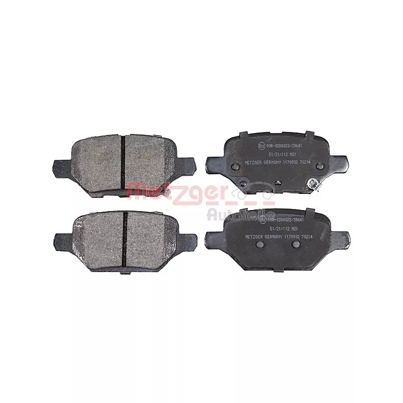 Jeu de 4 plaquettes de frein arrière METZGER 1170932 - Visuel 1
