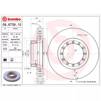 Jeu de 2 disques de frein avant BREMBO 09.6739.10 pour IVECO EUROSTAR LD 400 E 38 TX/P,LD 440 E 38 TX/P - 375cv