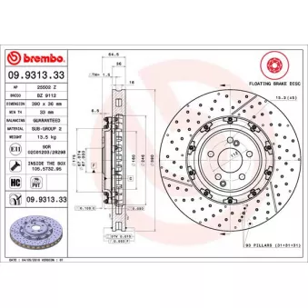 Jeu de 2 disques de frein avant BREMBO 09.9313.33 pour MERCEDES-BENZ SLS AMG 6.2 GT - 592cv