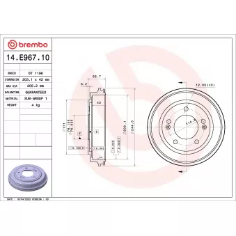 Tambour de frein BREMBO 14.E967.10 pour VOLKSWAGEN ID.4 1.6 - 126cv