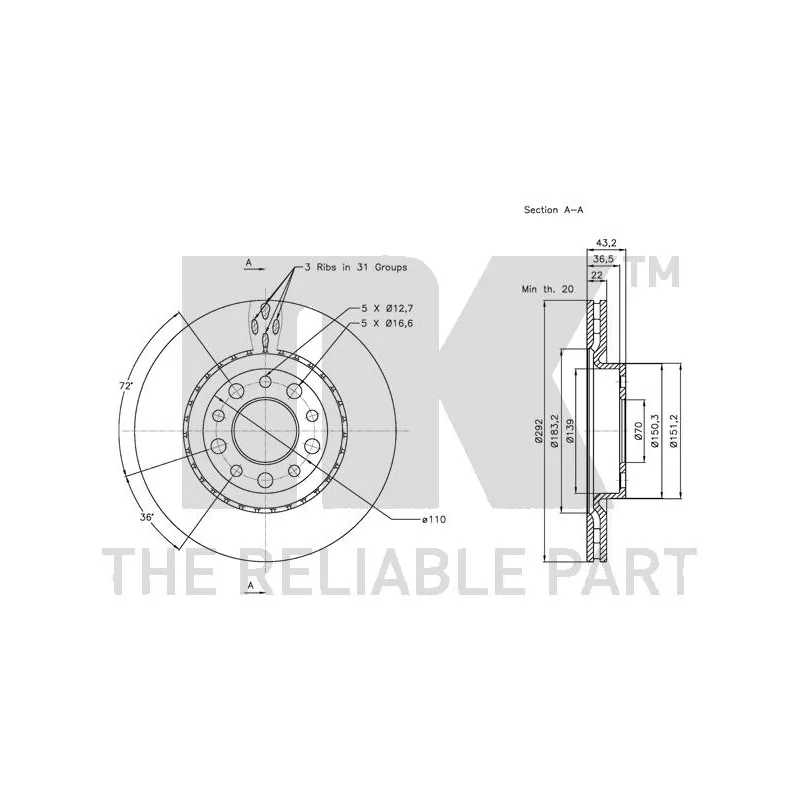 Jeu de 2 disques de frein arrière NK 311025 - Visuel 2