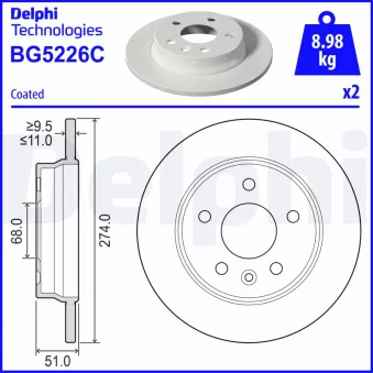 Jeu de 2 disques de frein arrière DELPHI BG5226C