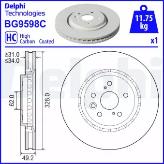 Jeu de 2 disques de frein avant DELPHI BG9598C pour LEXUS RZ 450e DIRECT4 - 313cv