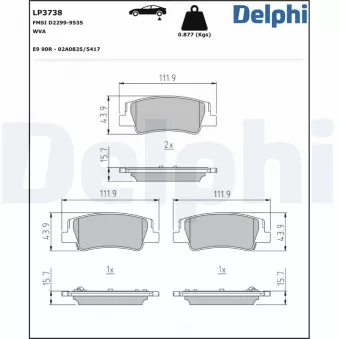 Jeu de 4 plaquettes de frein arrière DELPHI LP3738 pour KIA NIRO 1,6 GDi Hybrid - 141cv